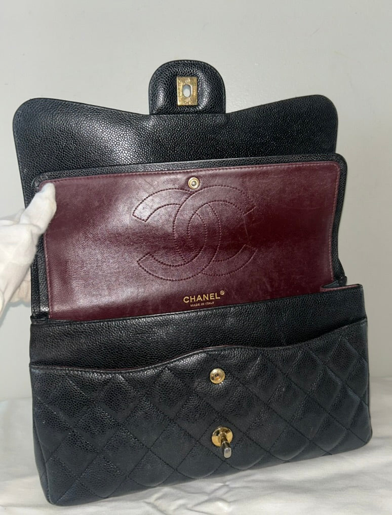 CHANEL Classic Jumbo Double Flap Quilted Caviar Leather Handbag Black/Gold