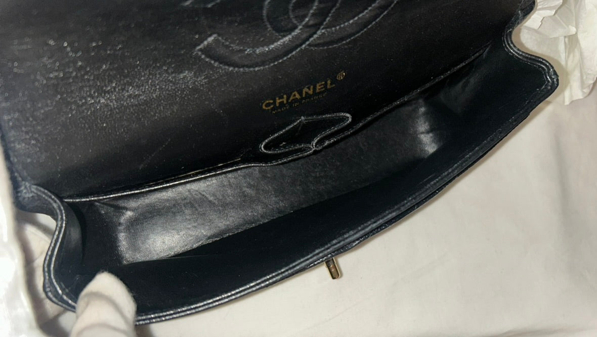 CHANEL Classic Medium Double Flap Quilted Caviar Leather Handbag Black/24K Gold