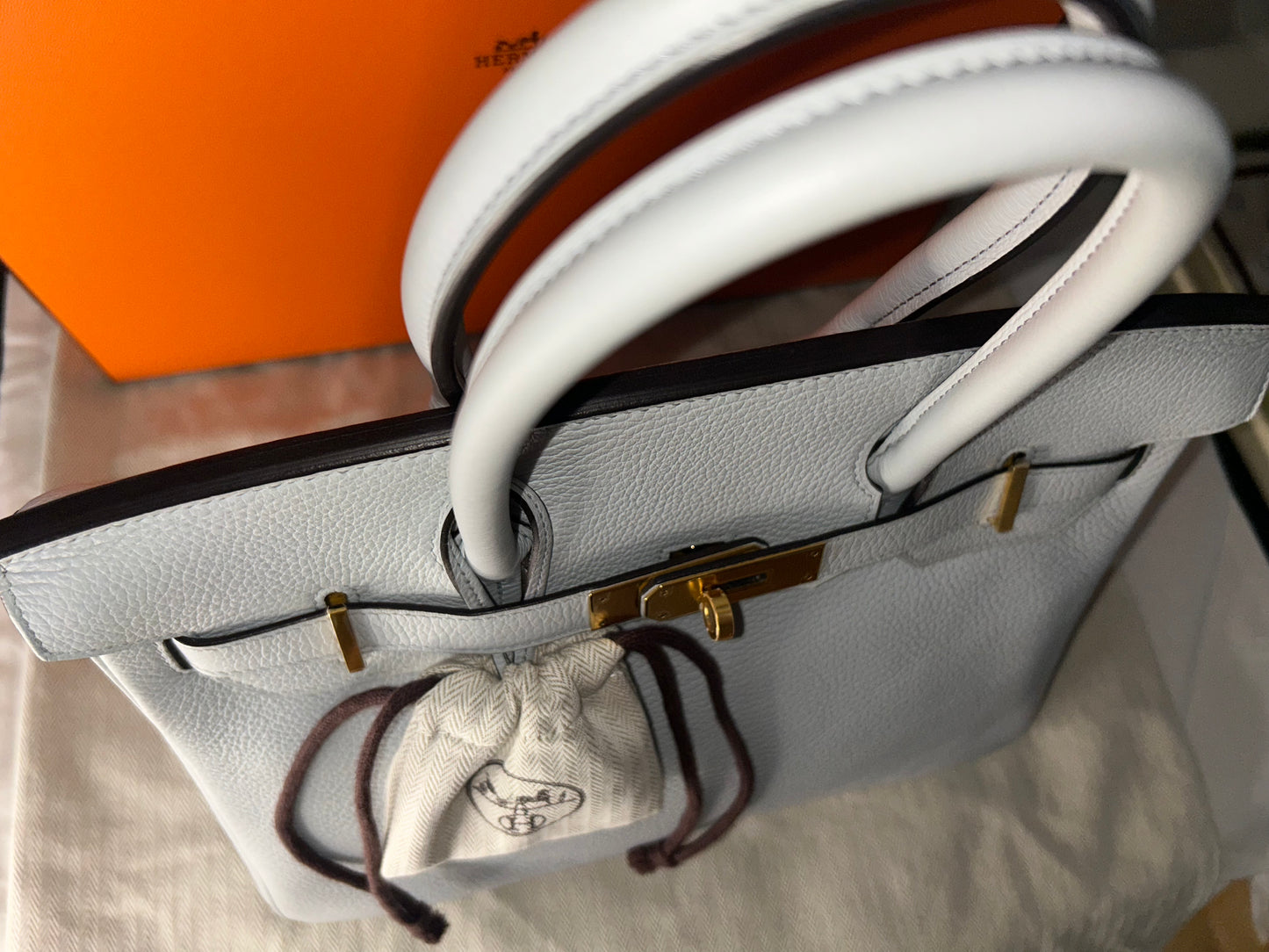 HERMES Birkin 30 Bleu Pale Clemence Gold Hardware