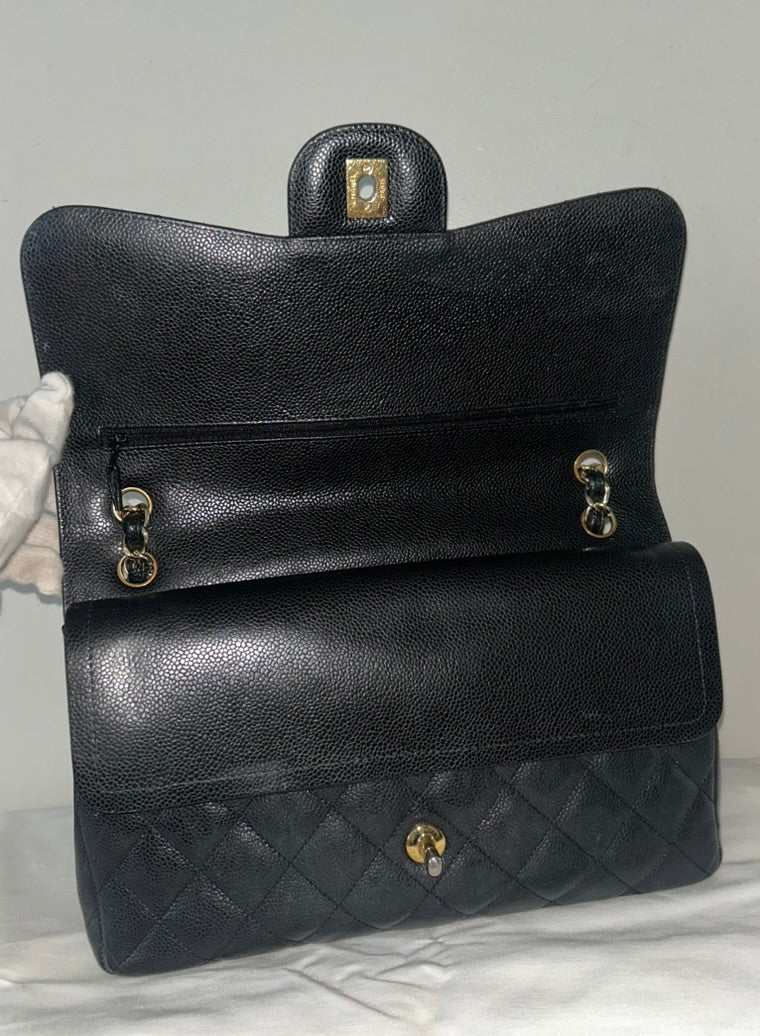 CHANEL Classic Jumbo Double Flap Quilted Caviar Leather Handbag Black/Gold