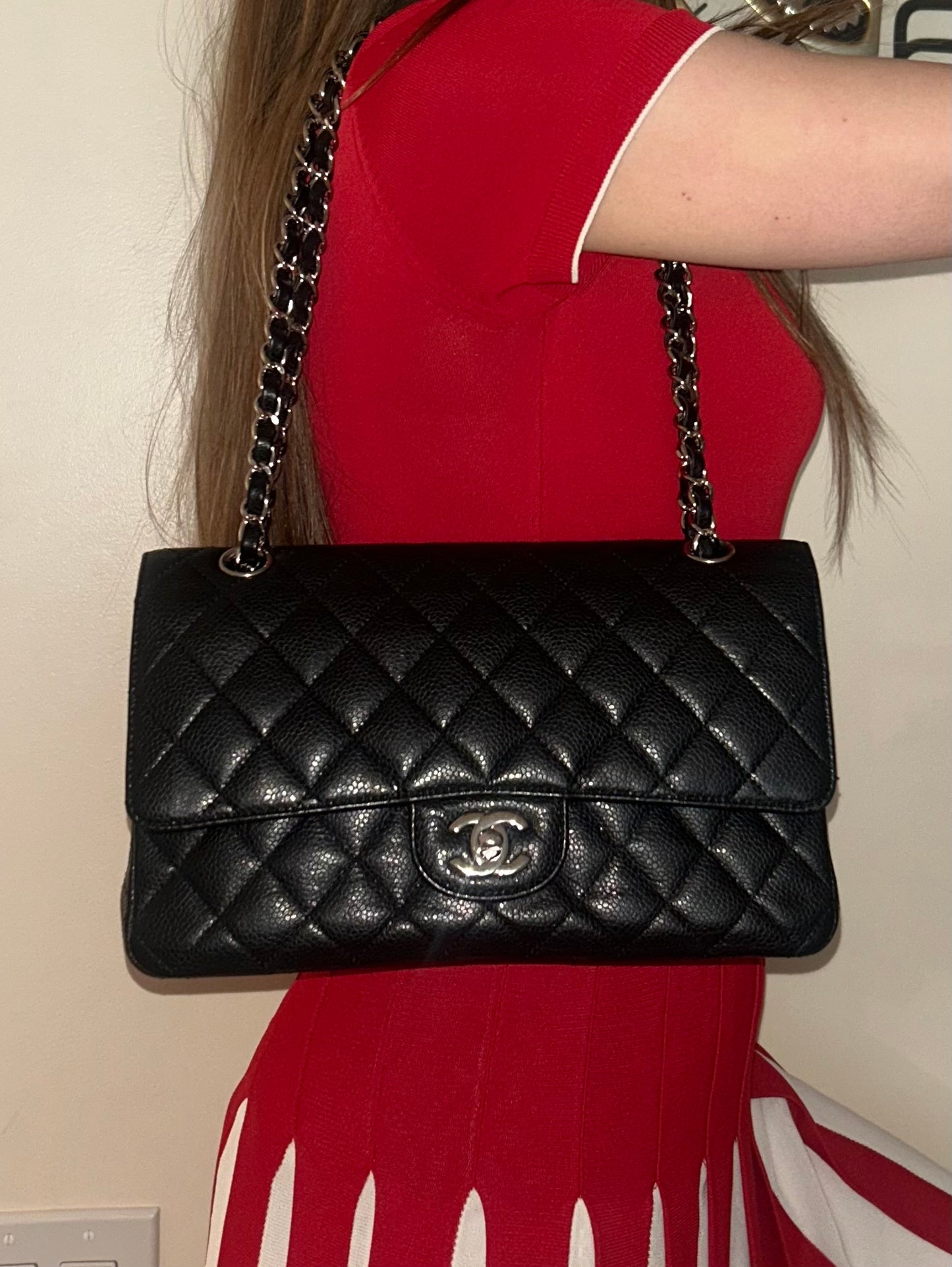 CHANEL Medium Classic Double Flap Caviar Quilted Handbag Black