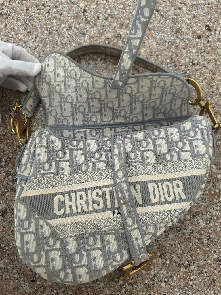 CHRISTIAN DIOR Medium Dior Oblique Embroidered Saddle Bag Gray