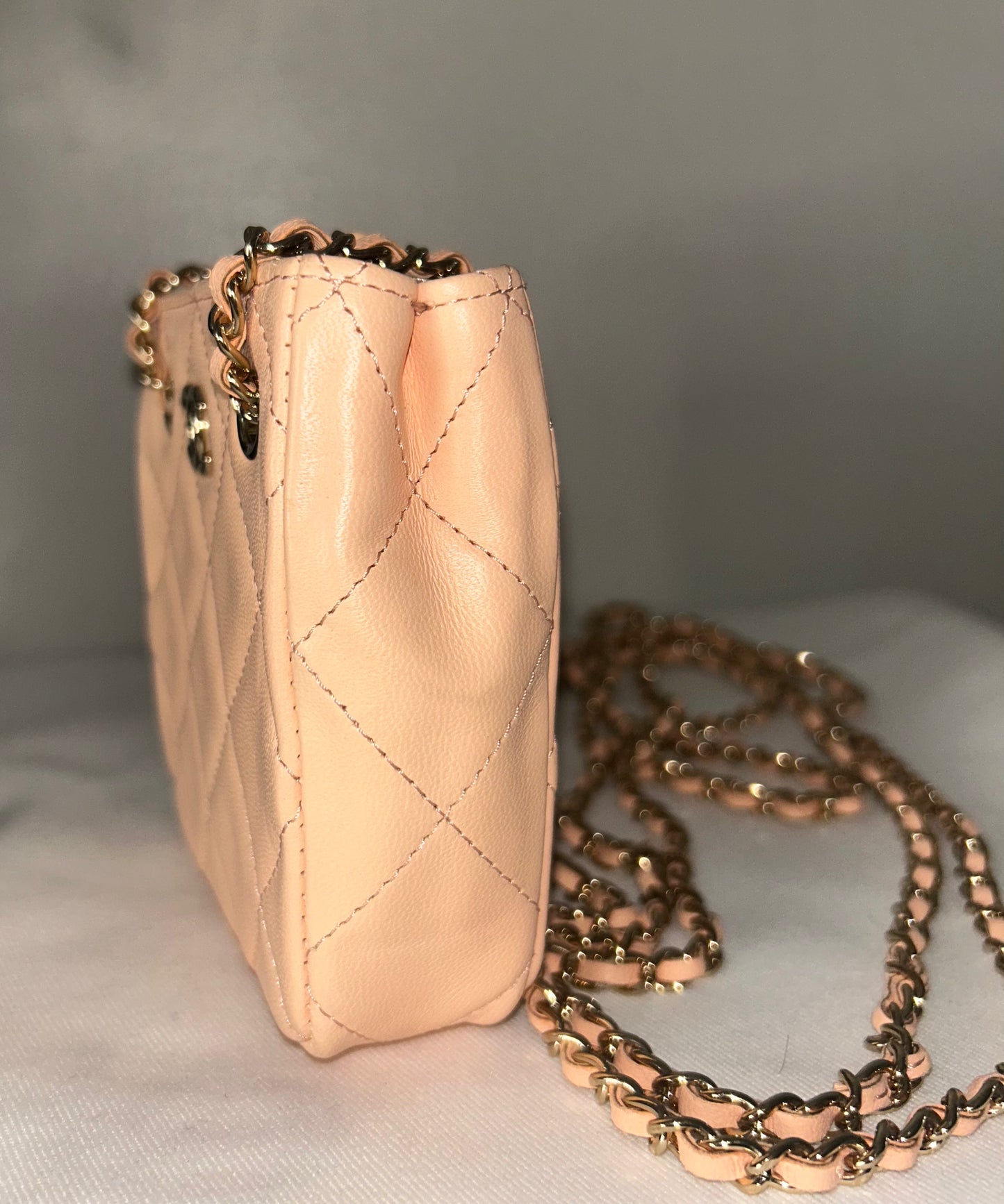 CHANEL Tiny Shopper Clutch With Chain Crossbody Quilted Lambskin Pale Pink