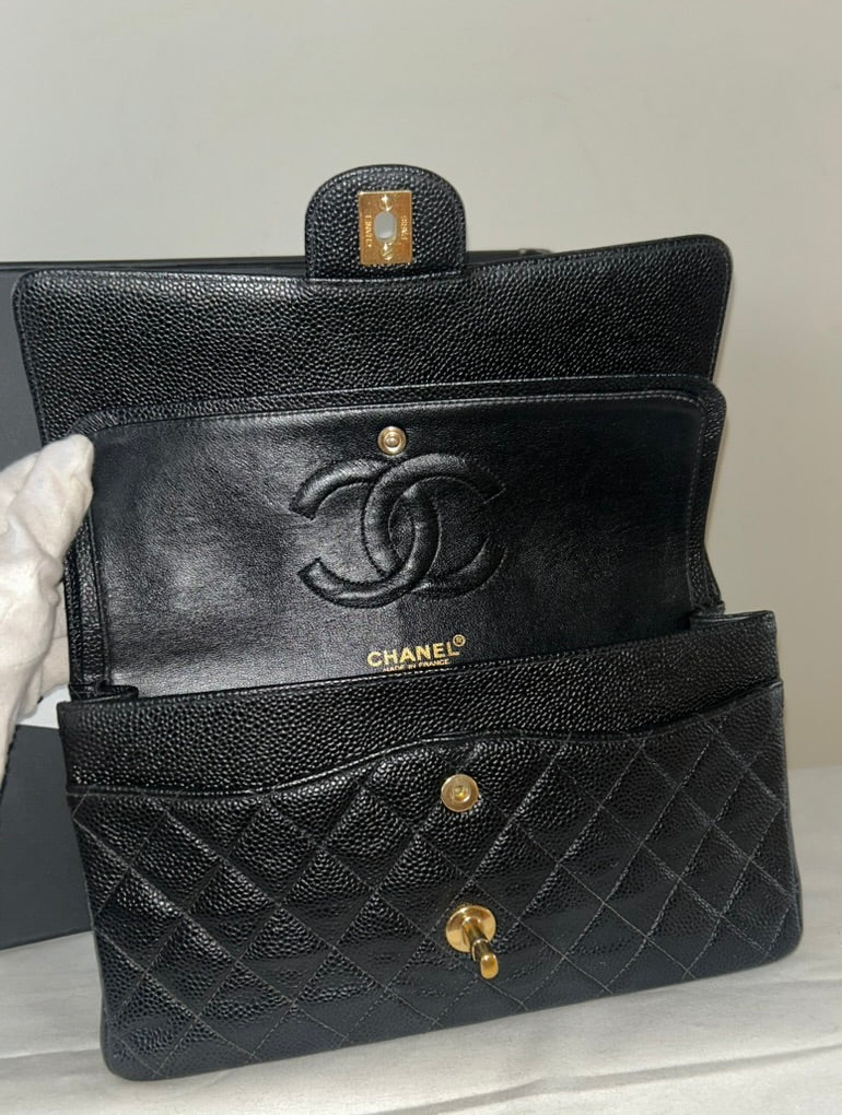 CHANEL Classic Medium Double Flap Quilted Caviar Leather Handbag Black/24K Gold