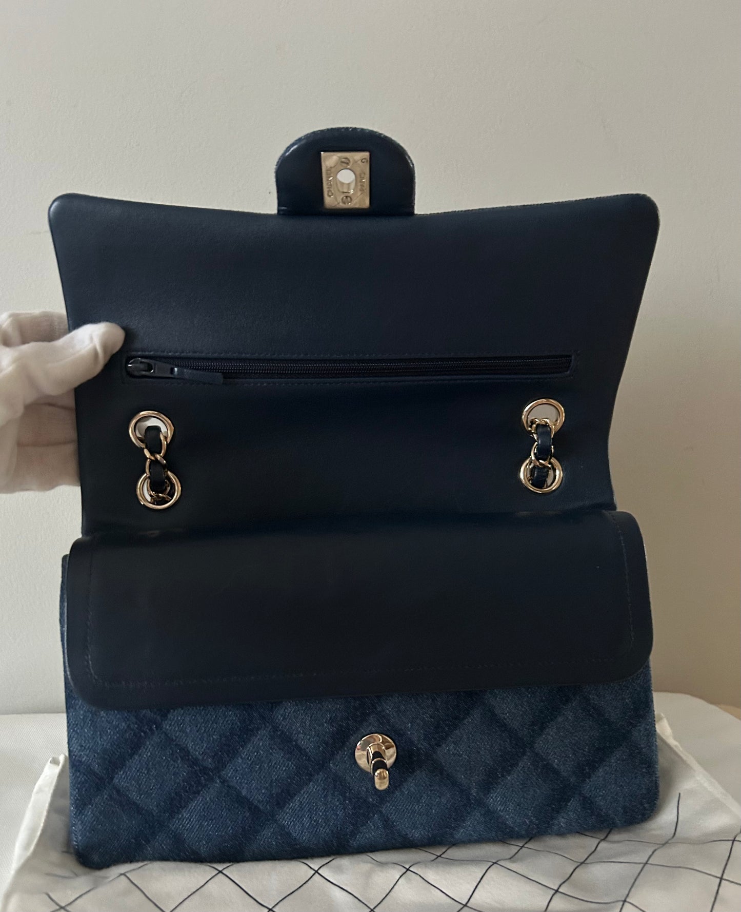 CHANEL 22K Printed Denim Quilted Medium Double Flap Bag Dark Blue/ Gold Hardware