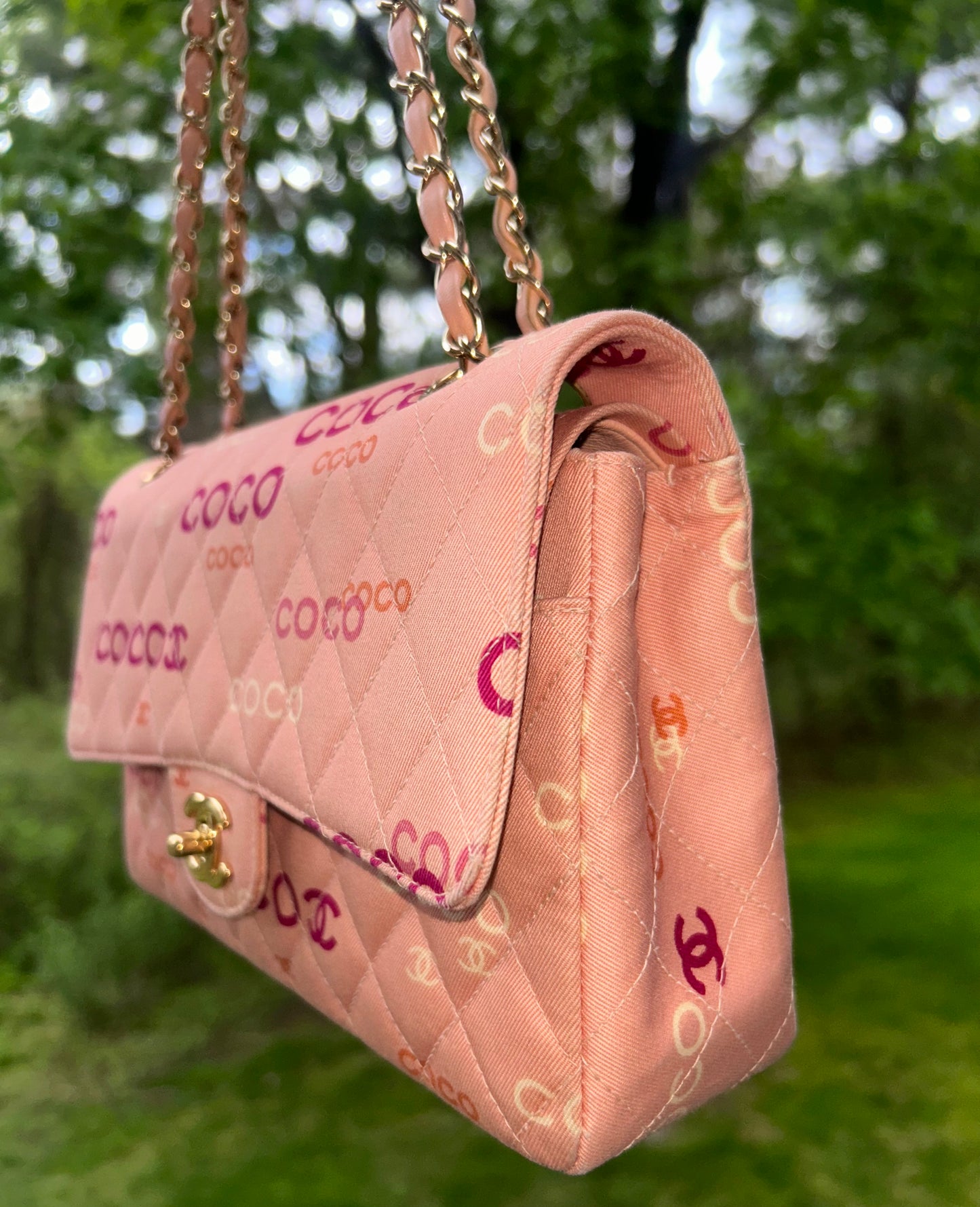 CHANEL Coco Logo Medium Classic Double Flap Bag Quilted Canvas Pink 24k GHW