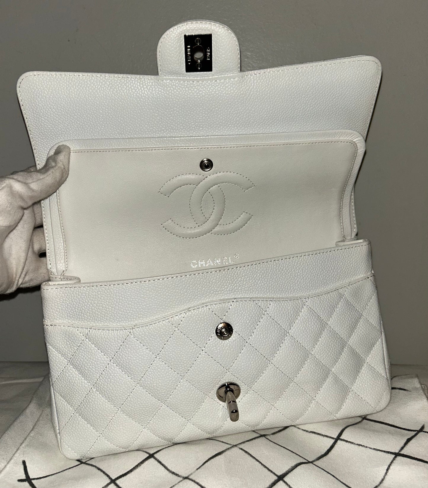 CHANEL Classic Medium Double Flap Caviar Quilted Handbag White