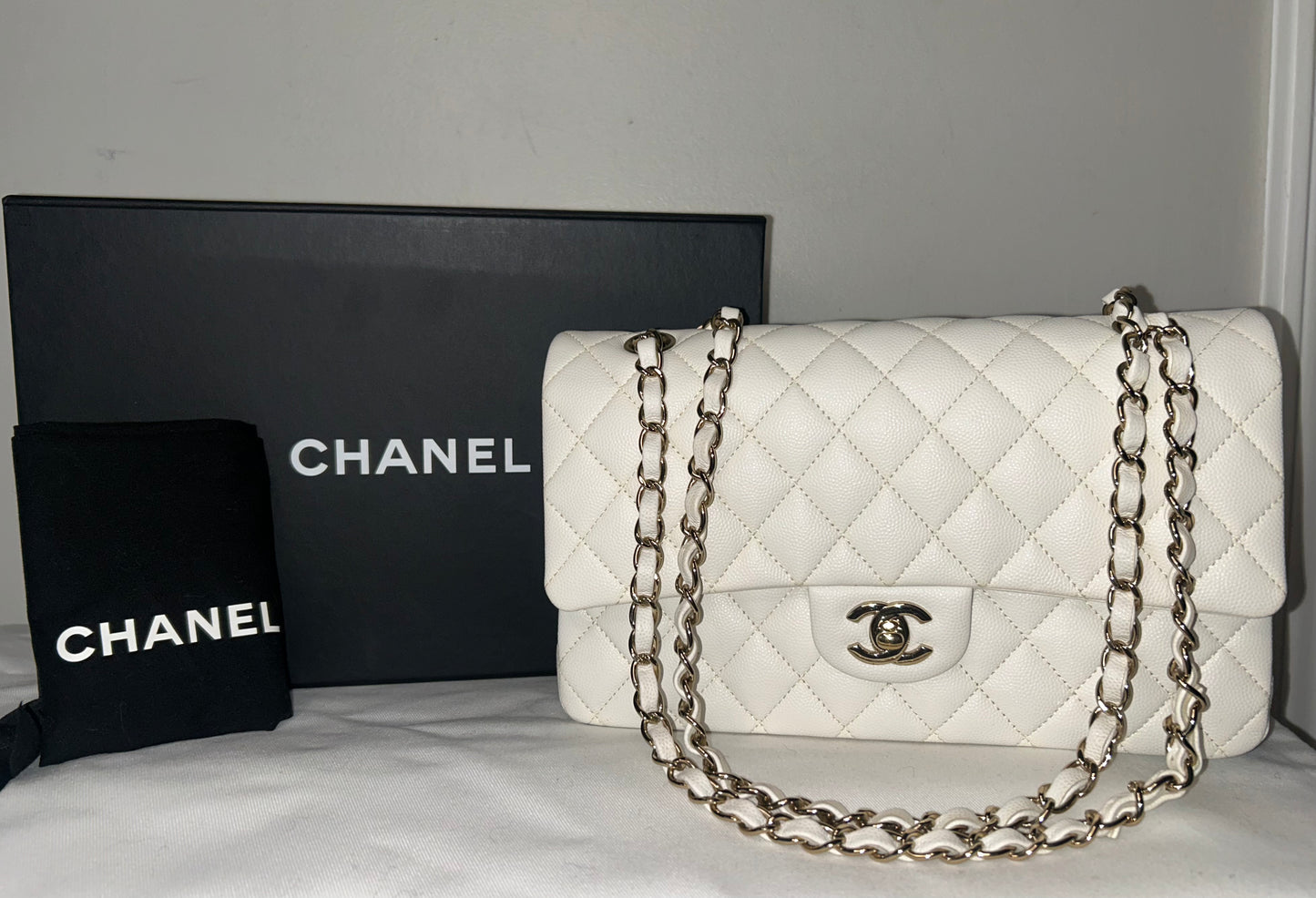 CHANEL Medium Classic Double Flap Caviar Quilted Handbag White / Light Gold HW