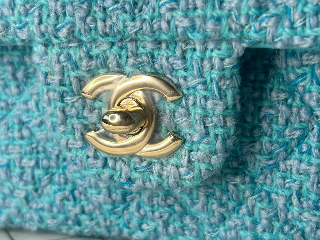 CHANEL 22K Tweed Quilted Medium Double Flap Bag Turquoise/ Gold Hardware