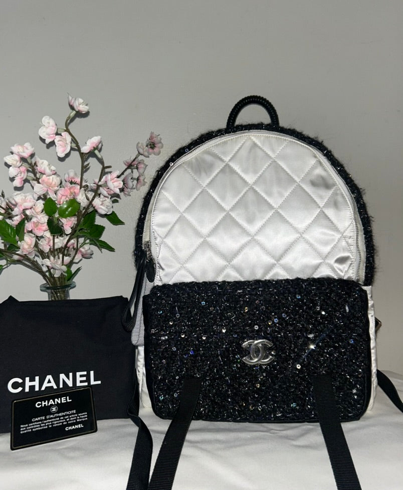 CHANEL Tweed Nylon Quilted Astronaut Essentials Medium Backpack in White/Black