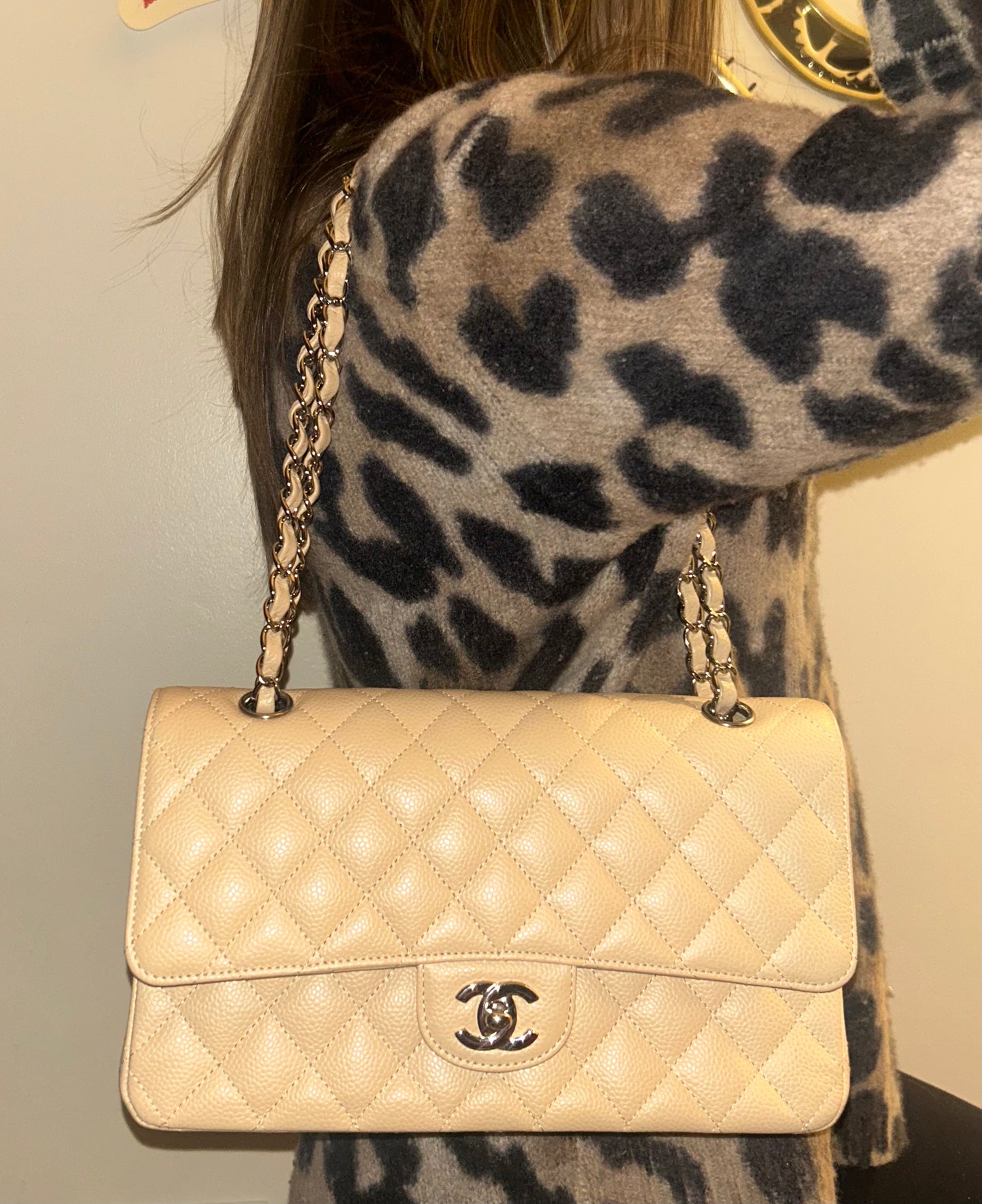 CHANEL Classic Medium Double Flap Caviar Quilted Handbag Beige Clair