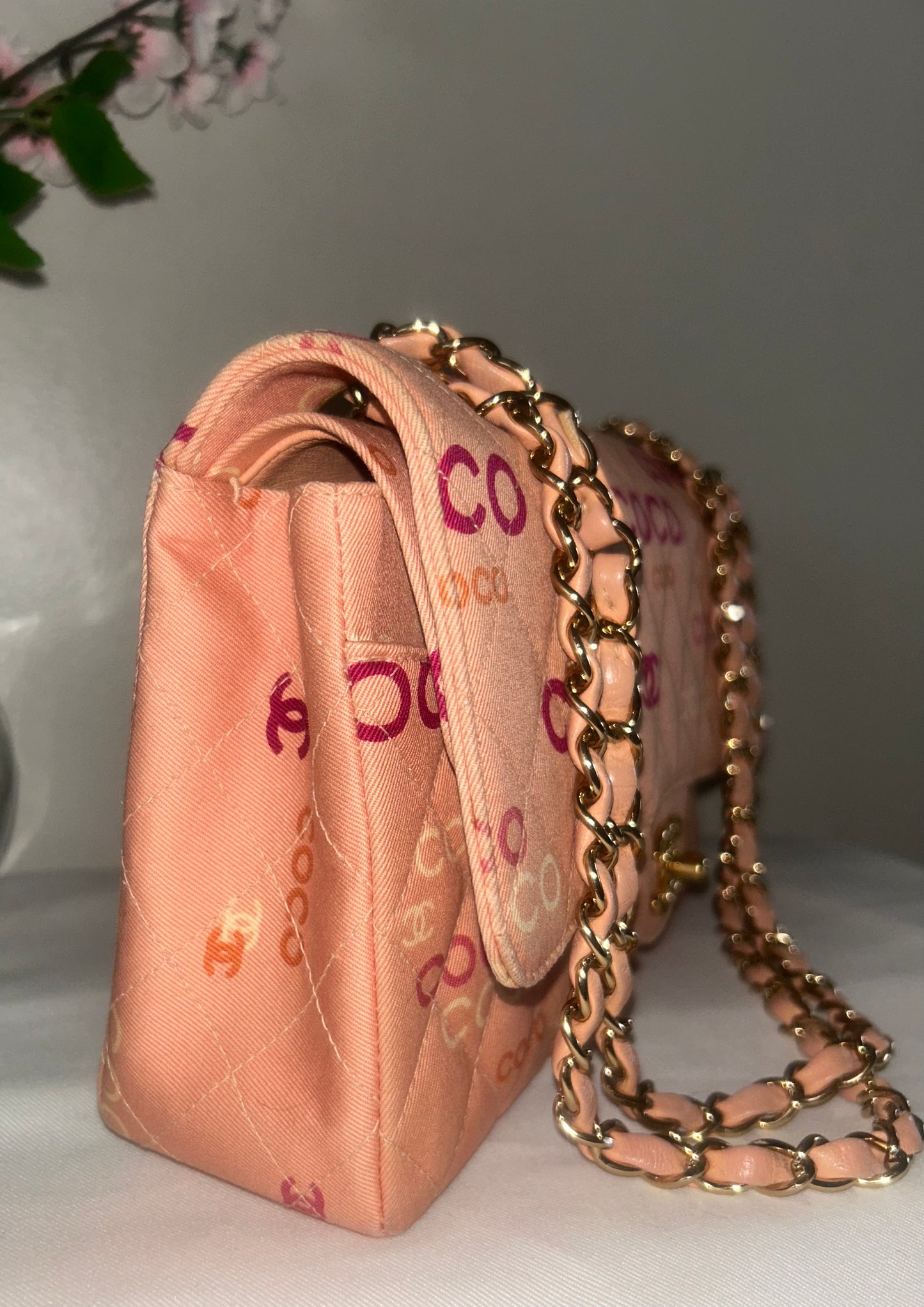 CHANEL Coco Logo Medium Classic Double Flap Bag Quilted Canvas Pink 24k GHW