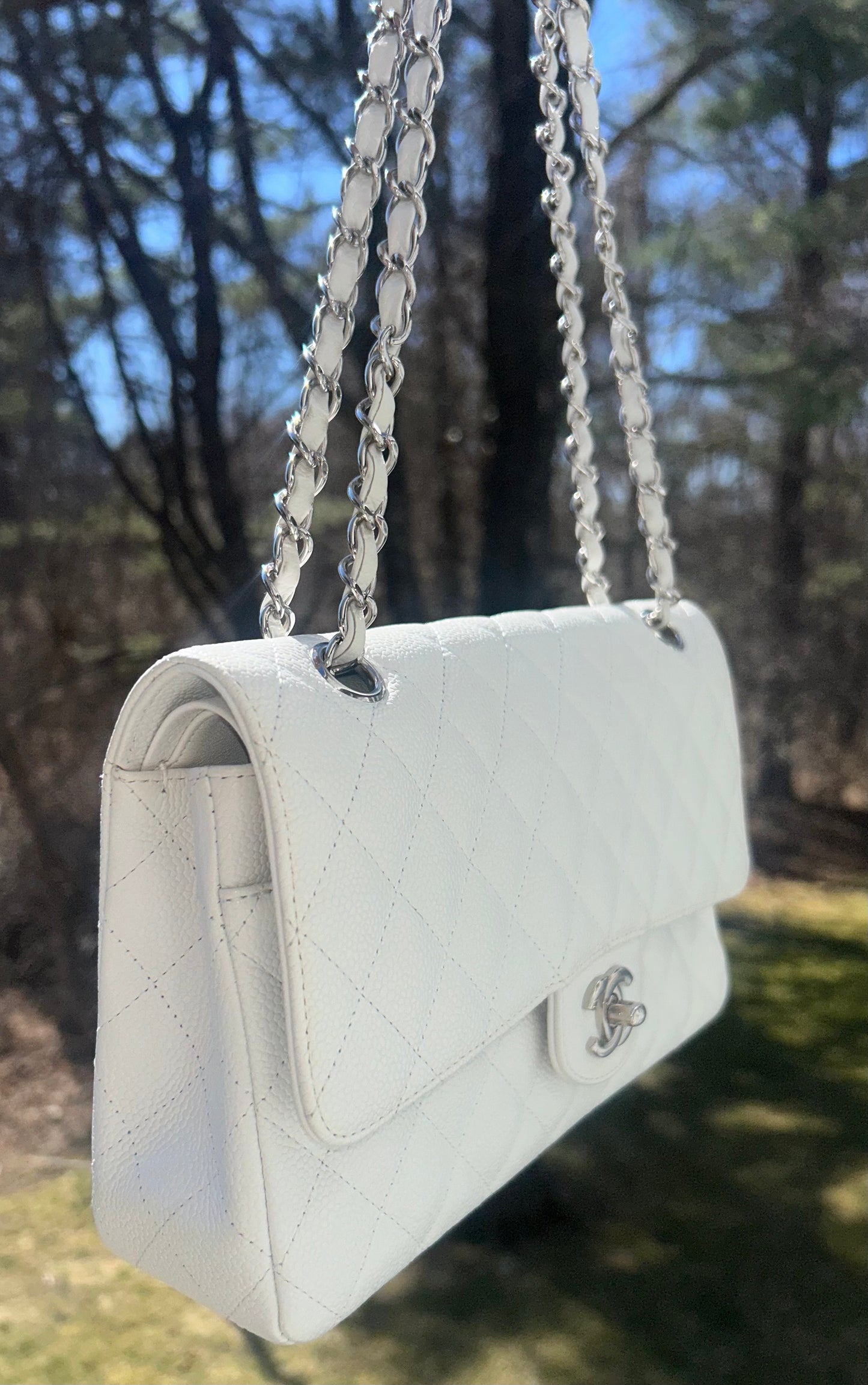 CHANEL Classic Medium Double Flap Caviar Quilted Handbag White