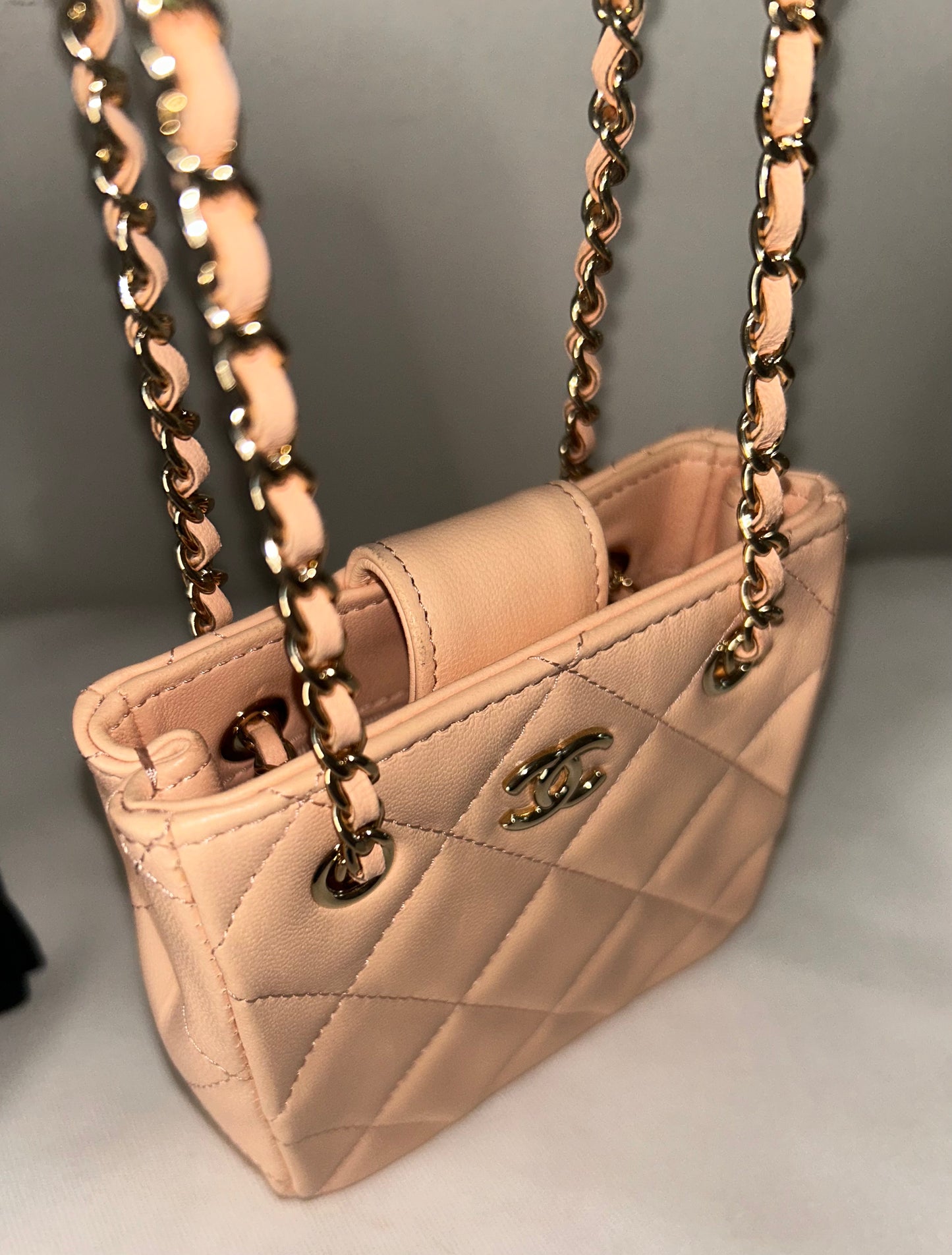 CHANEL Tiny Shopper Clutch With Chain Crossbody Quilted Lambskin Pale Pink