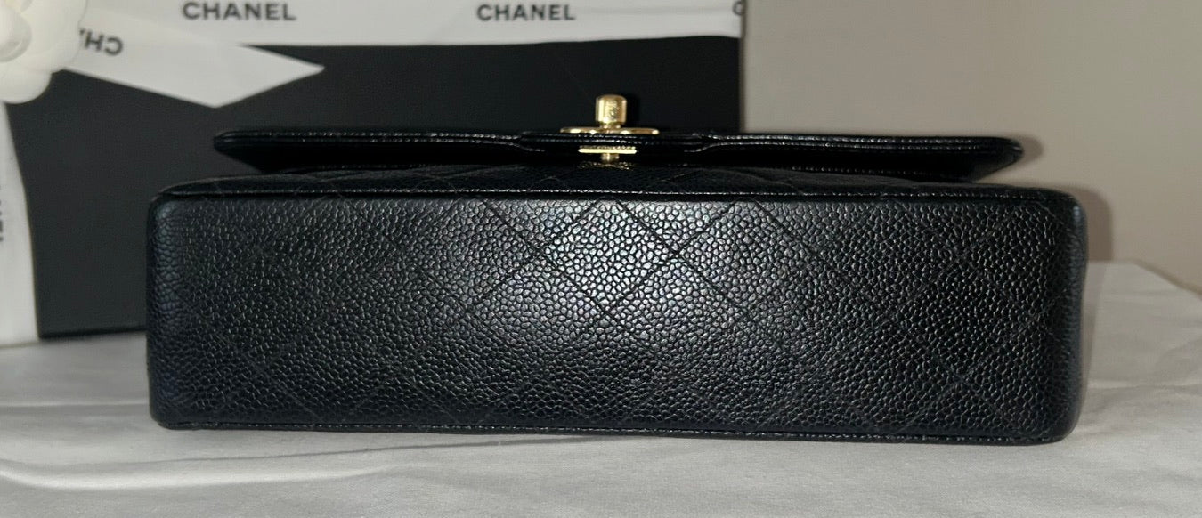 CHANEL Classic Medium Double Flap Quilted Caviar Leather Handbag Black/24K Gold