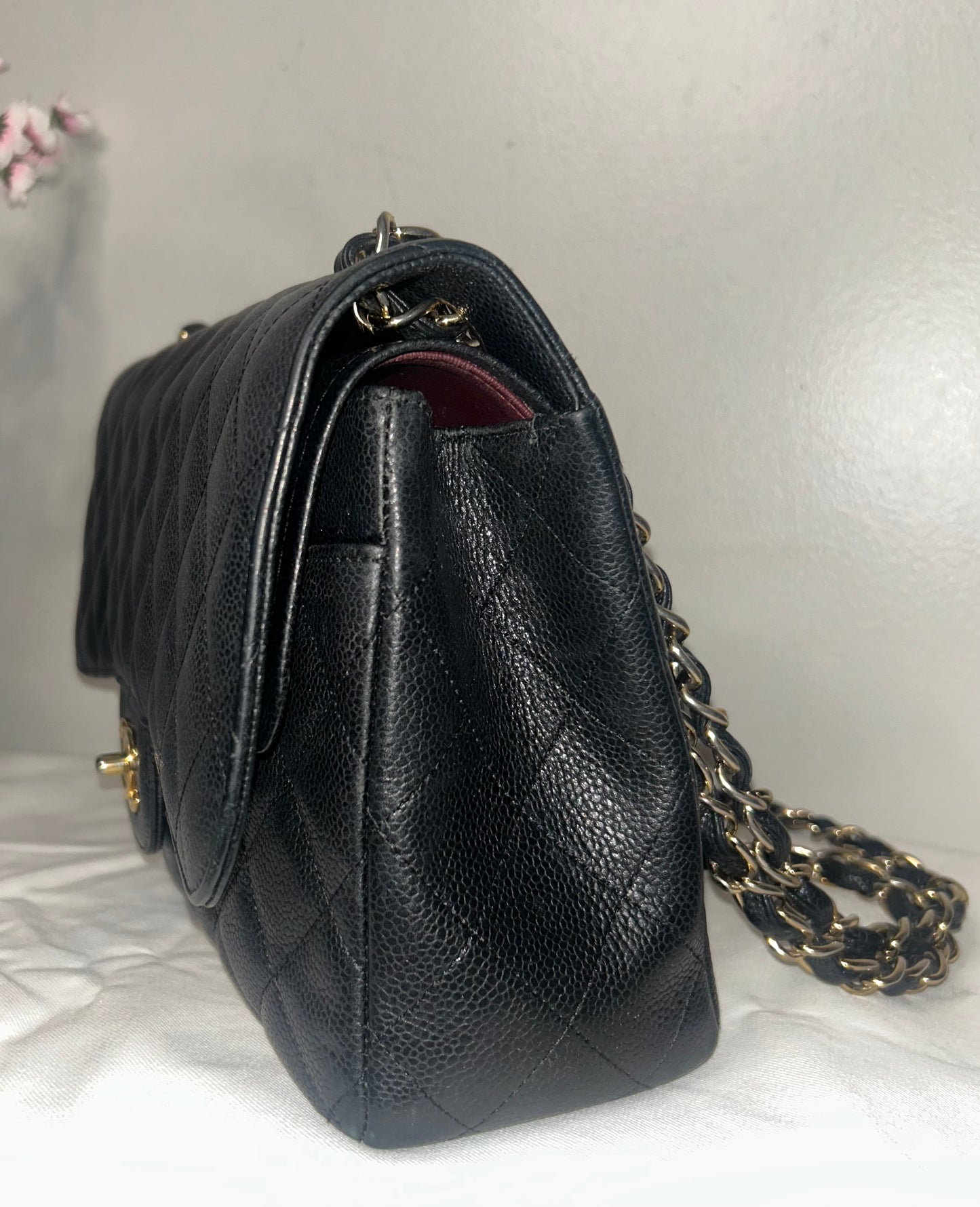 CHANEL Classic Jumbo Double Flap Quilted Caviar Leather Handbag Black/Gold
