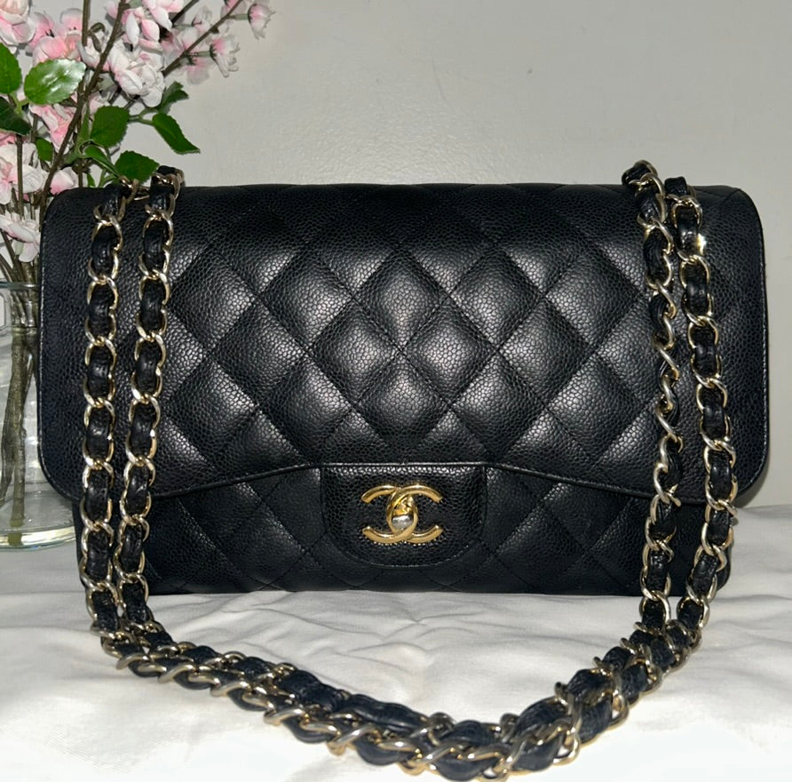 CHANEL Classic Jumbo Double Flap Quilted Caviar Leather Handbag Black/Gold
