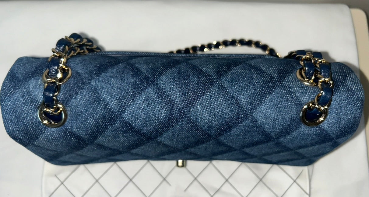 CHANEL 22K Printed Denim Quilted Medium Double Flap Bag Dark Blue/ Gold Hardware