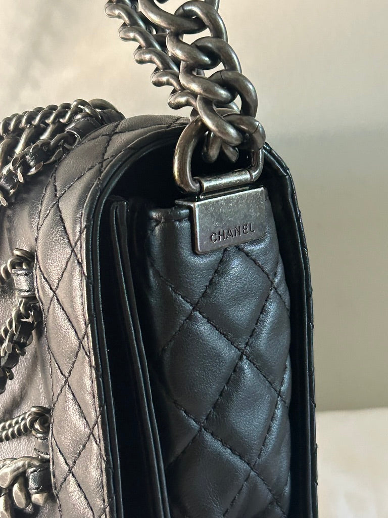 CHANEL Calfskin Enchained Chains New Medium Boy Flap Bag Black