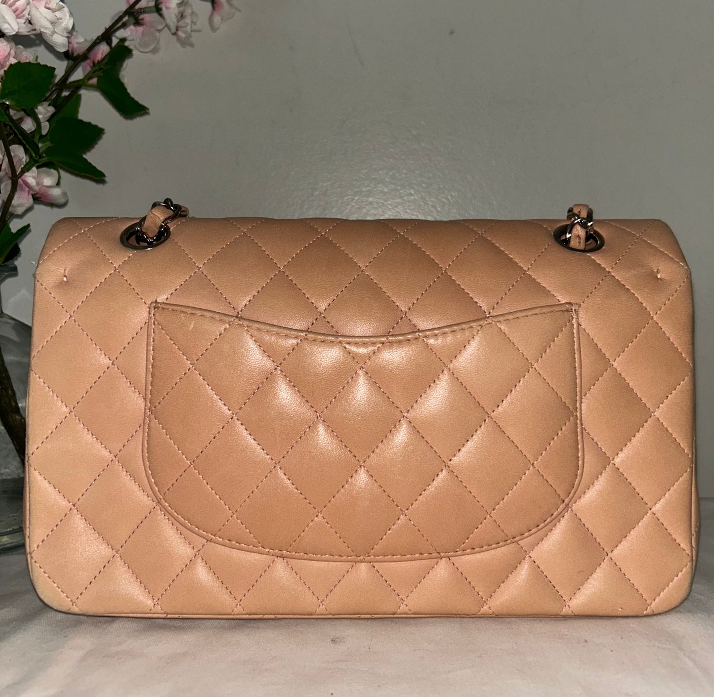 CHANEL Classic Medium Double Flap Lambskin Quilted Handbag Pink Peach