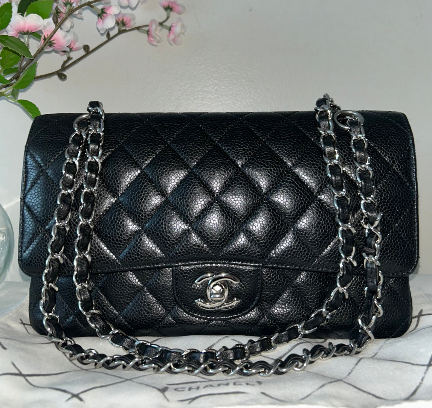 CHANEL Medium Classic Double Flap Caviar Quilted Handbag Black