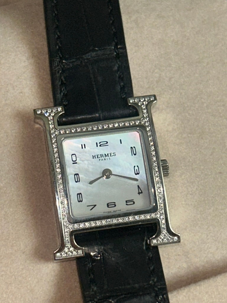 HERMES Heure H Watch Diamond Bezel Alligator Noir Black