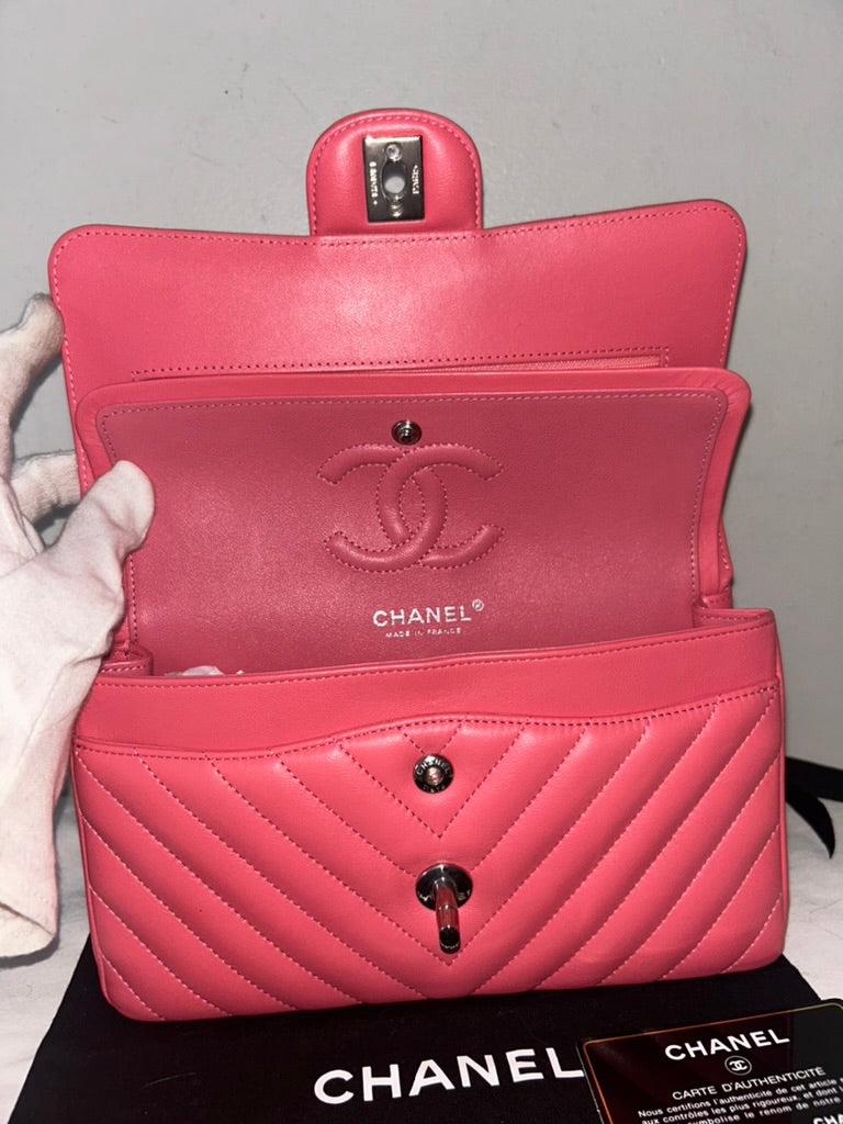 CHANEL Classic CC Small Double Flap Chevron Quilted Handbag Pink