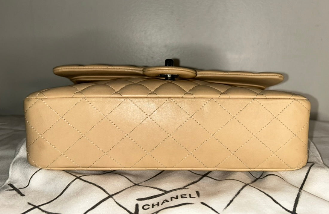 CHANEL Medium Classic Double Flap Quilted Lambskin Leather Handbag Beige Clair