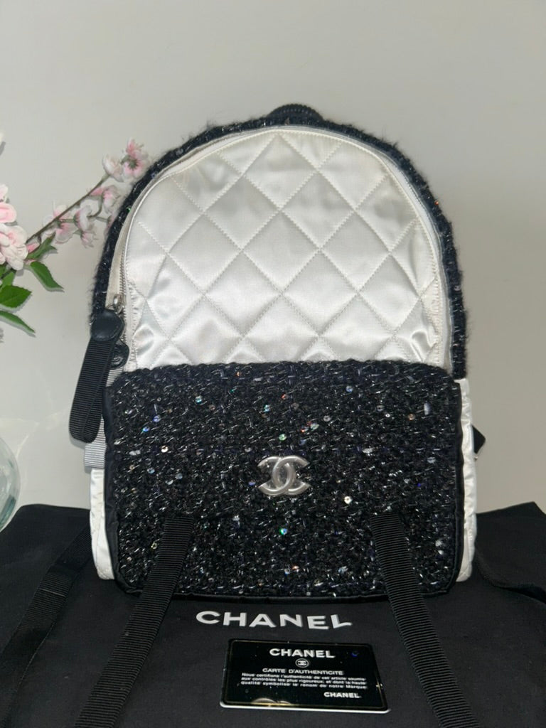CHANEL Tweed Nylon Quilted Astronaut Essentials Medium Backpack in White/Black