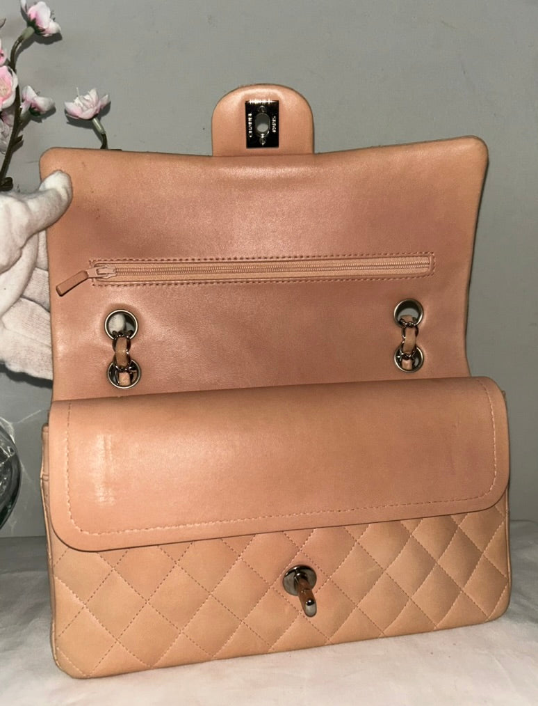 CHANEL Classic Medium Double Flap Lambskin Quilted Handbag Pink Peach
