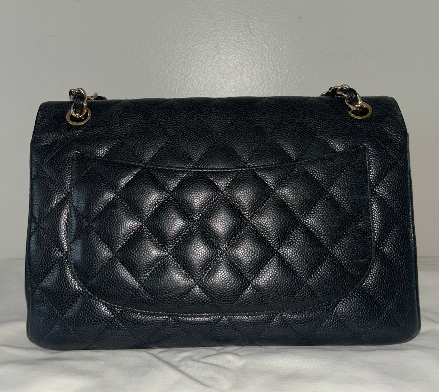 CHANEL Classic Jumbo Double Flap Quilted Caviar Leather Handbag Black/Gold