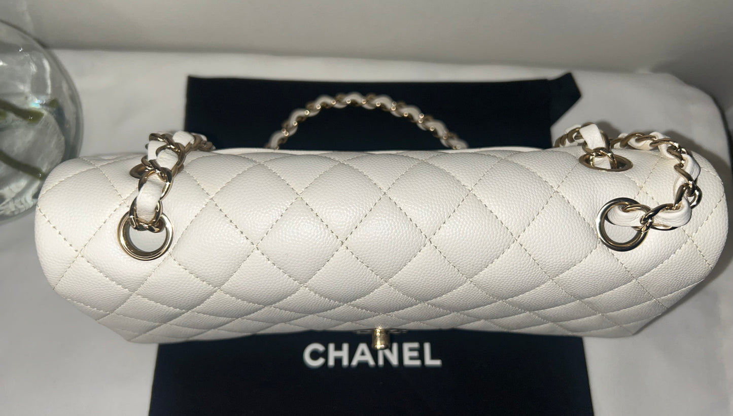 CHANEL Medium Classic Double Flap Caviar Quilted Handbag White / Light Gold HW