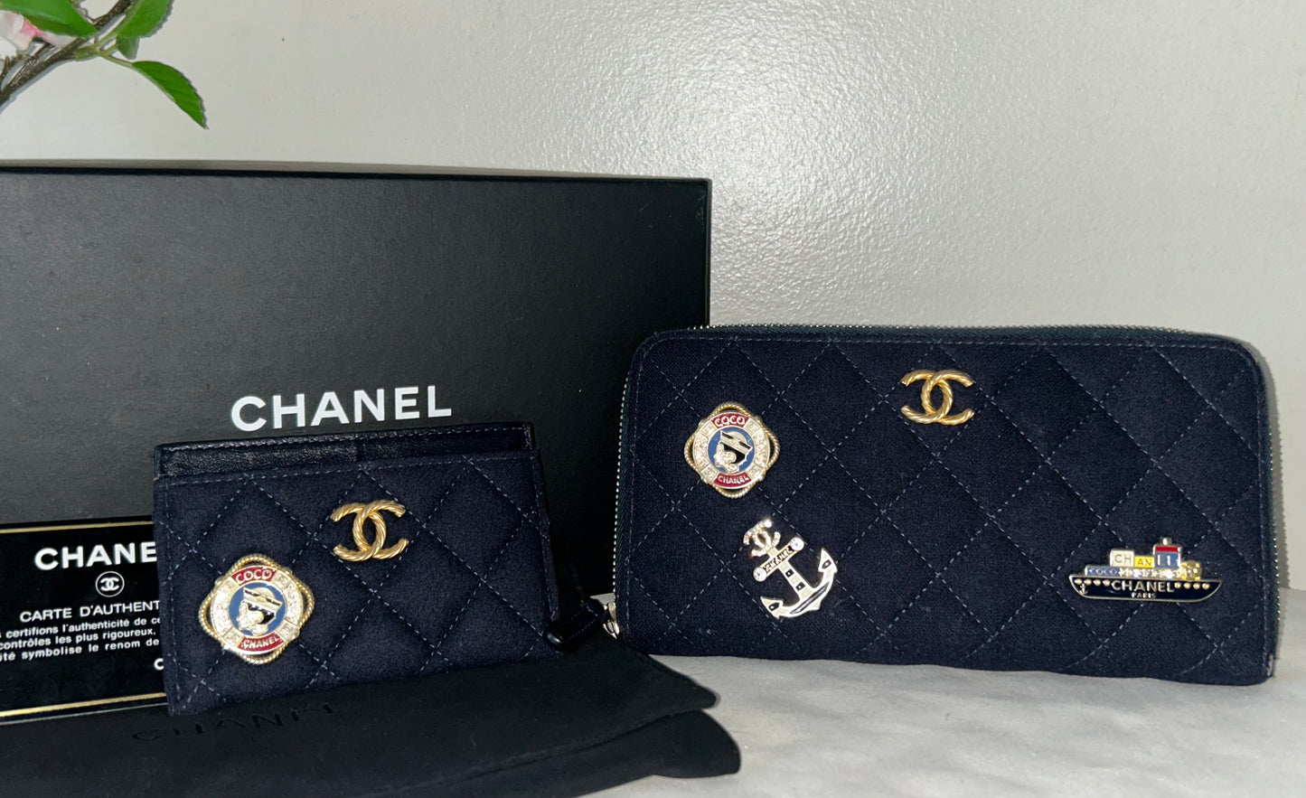 CHANEL 18A Nautical Charming Long Zip Wallet & Card Holder Set in Navy *RARE*