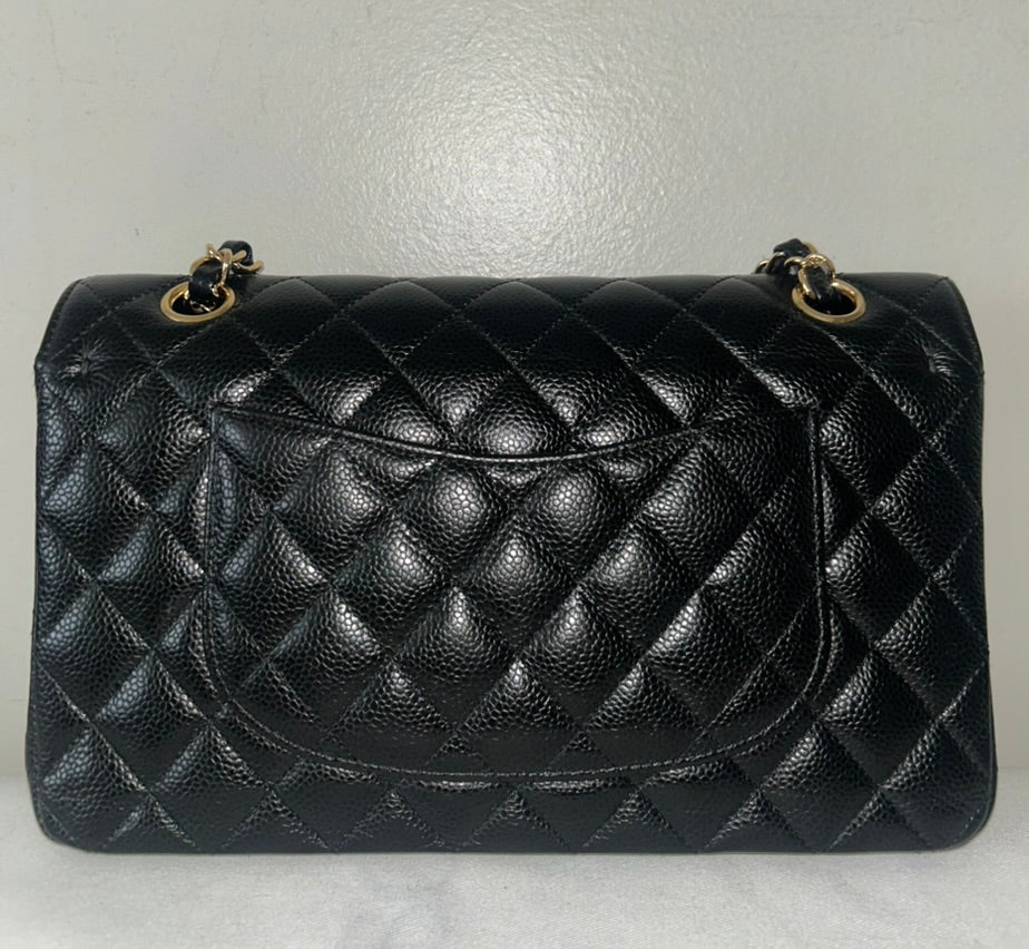 CHANEL Medium Classic Double Flap Caviar Quilted Handbag Black / Gold