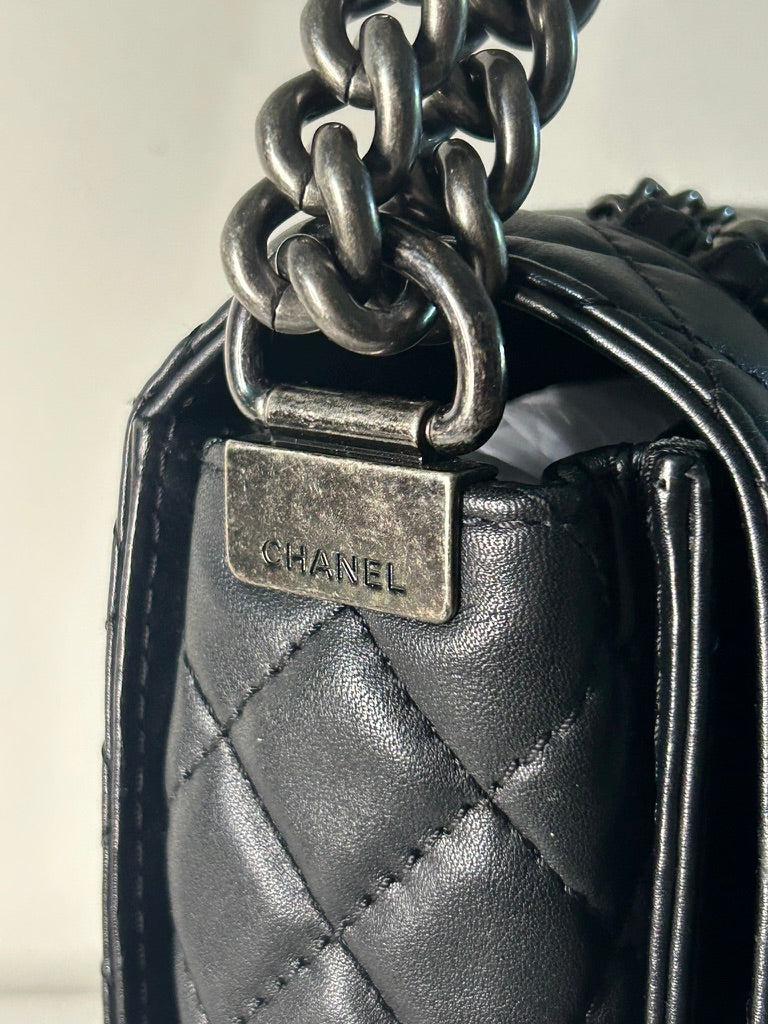 CHANEL Calfskin Enchained Chains New Medium Boy Flap Bag Black