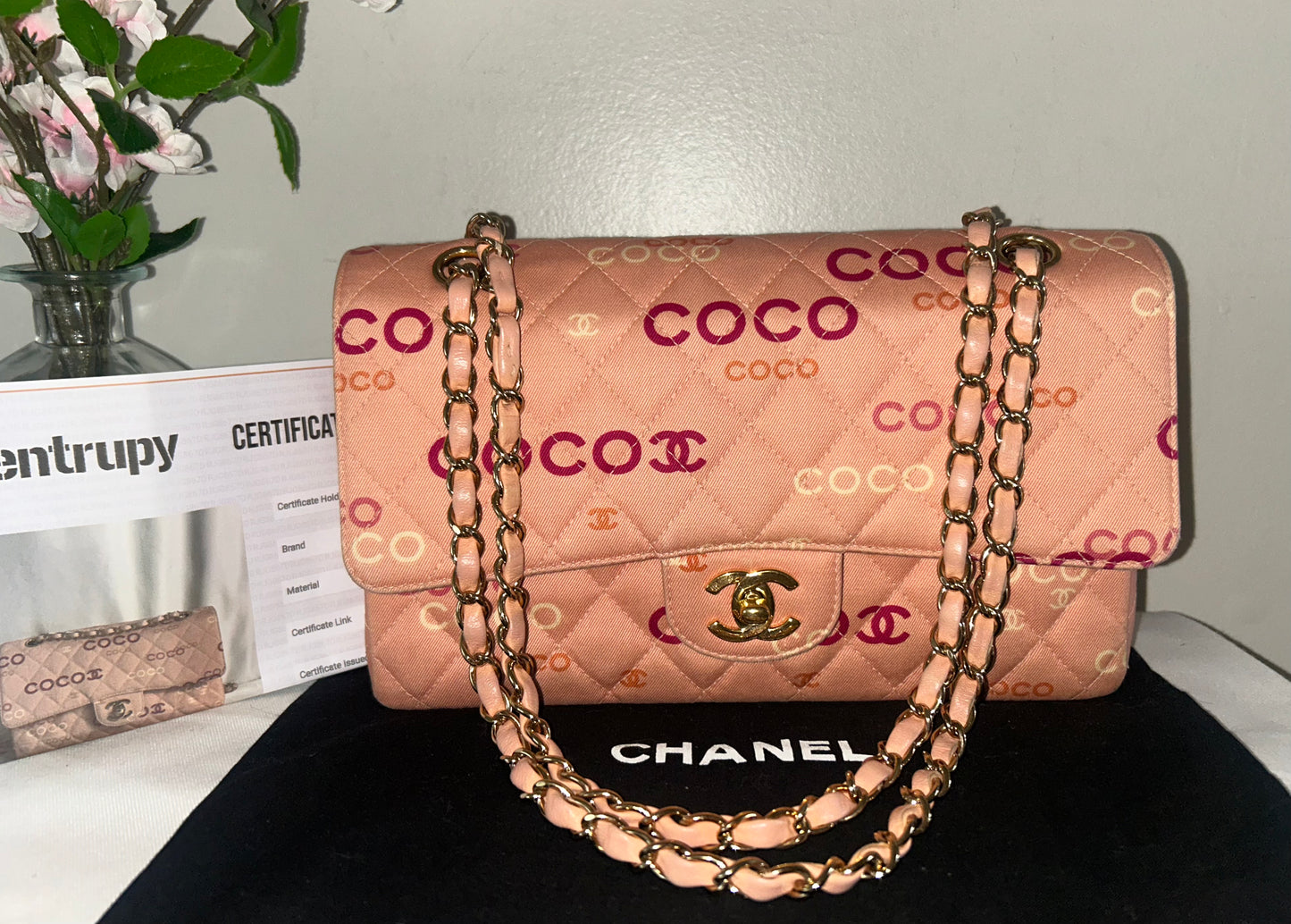 CHANEL Coco Logo Medium Classic Double Flap Bag Quilted Canvas Pink 24k GHW