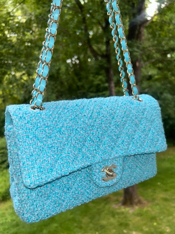 CHANEL 22K Tweed Quilted Medium Double Flap Bag Turquoise/ Gold Hardware
