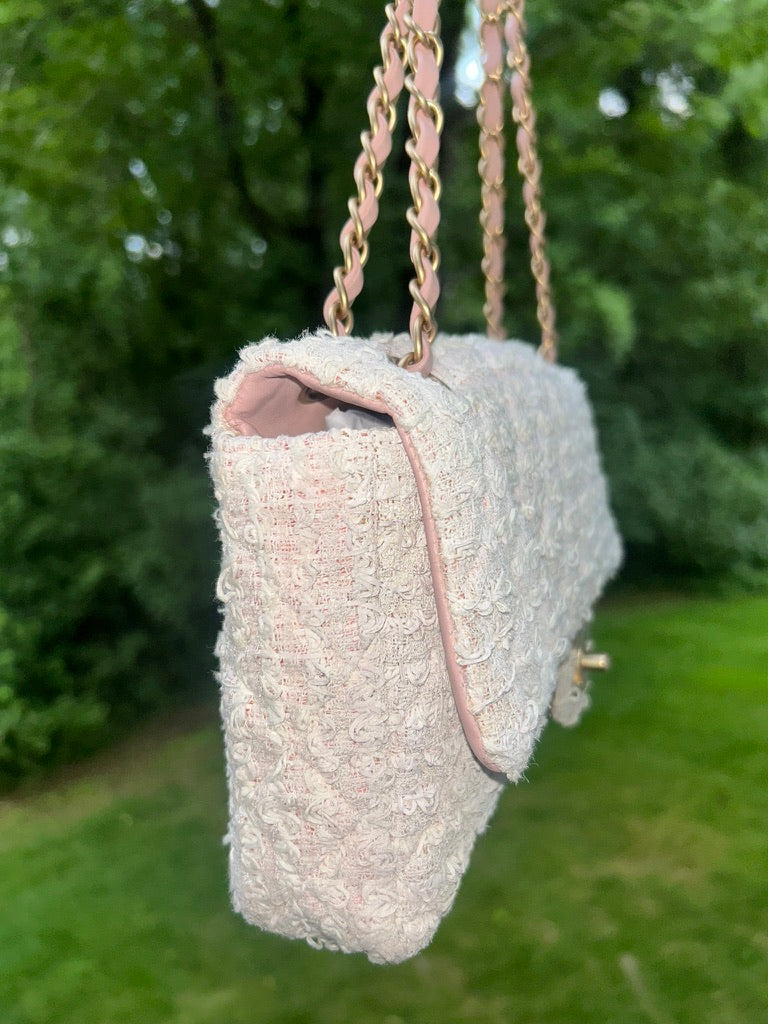 CHANEL Medium Classic Quilted Tweed Single Flap Bag Light Pink / Gold Hardware