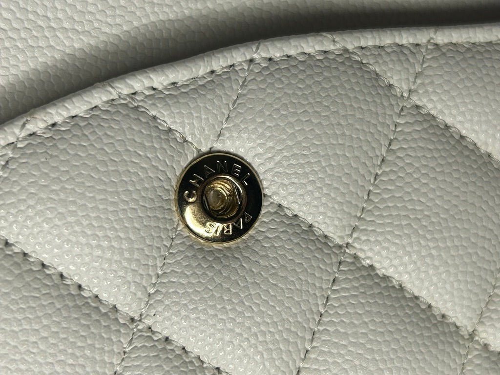 CHANEL Medium Classic Double Flap Caviar Quilted Handbag White / Light Gold HW