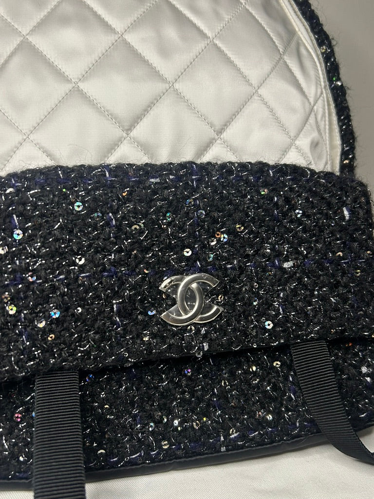 CHANEL Tweed Nylon Quilted Astronaut Essentials Medium Backpack in White/Black