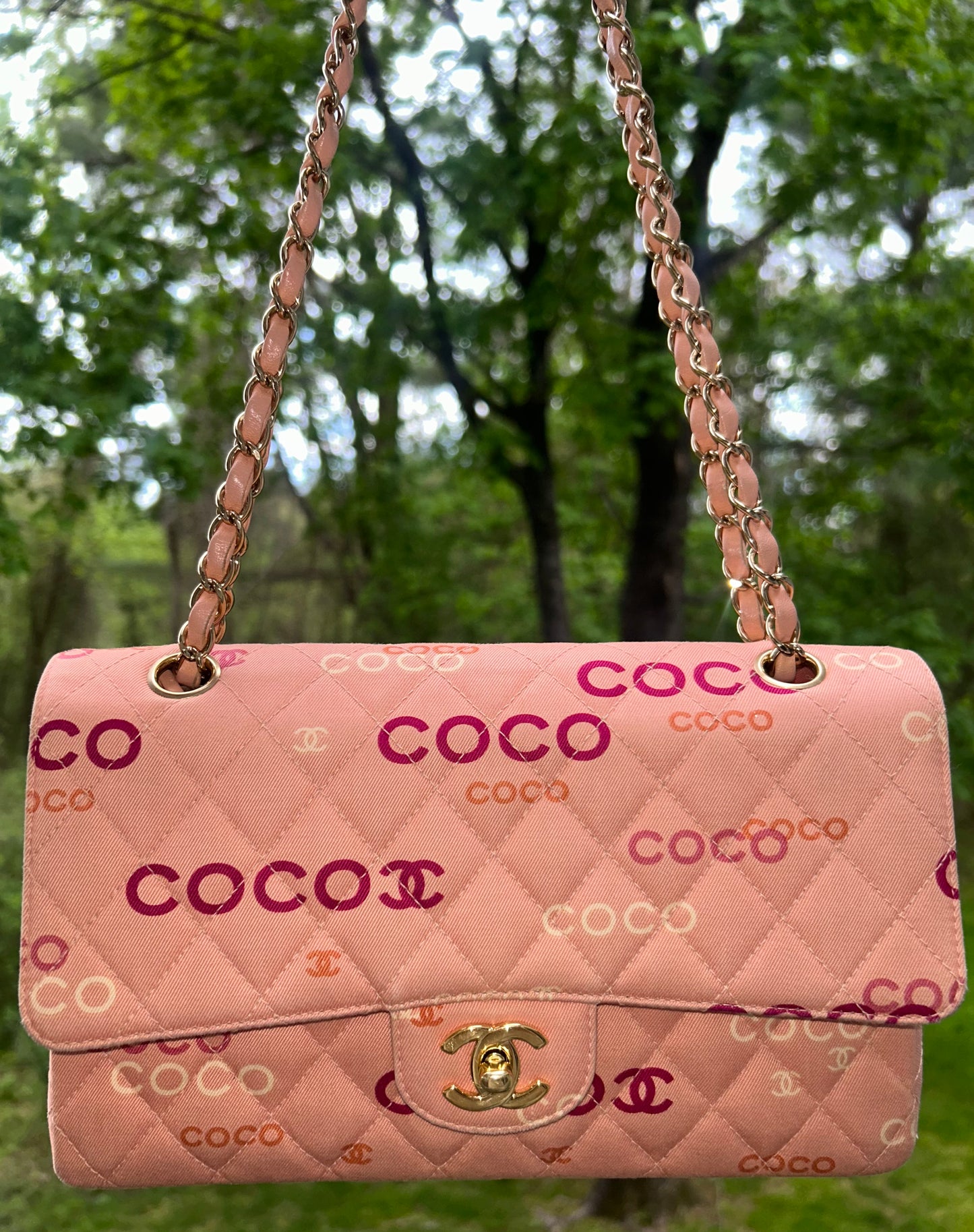 CHANEL Coco Logo Medium Classic Double Flap Bag Quilted Canvas Pink 24k GHW