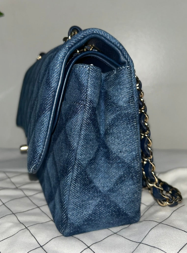 CHANEL 22K Printed Denim Quilted Medium Double Flap Bag Dark Blue/ Gold Hardware