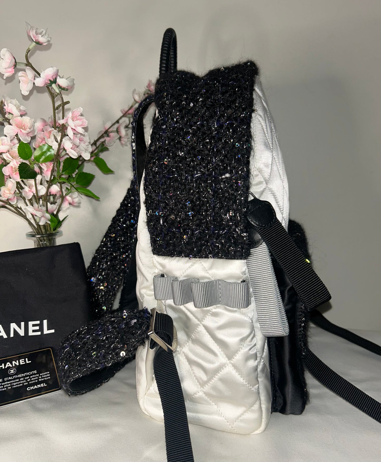 CHANEL Tweed Nylon Quilted Astronaut Essentials Medium Backpack in White/Black