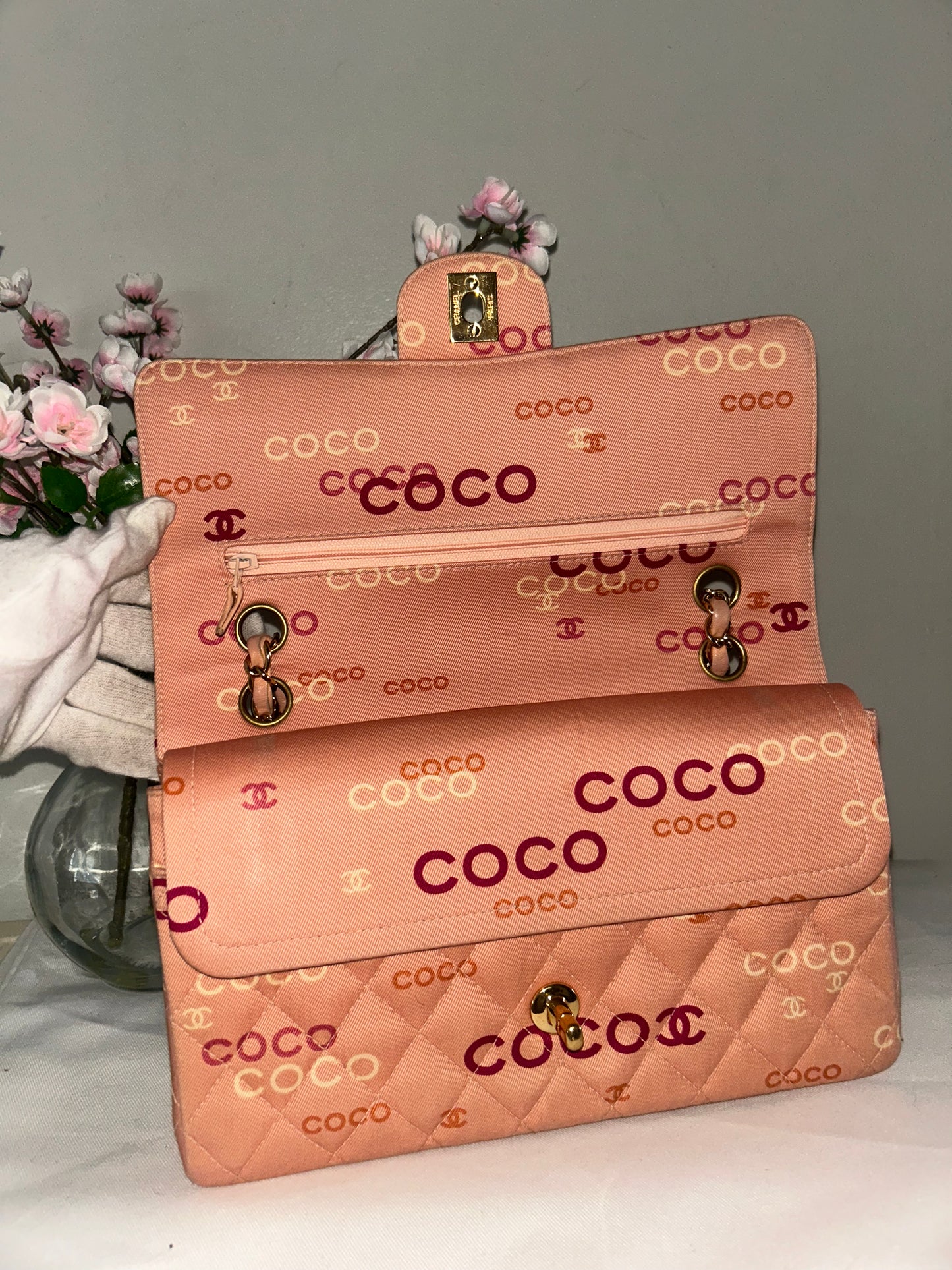 CHANEL Coco Logo Medium Classic Double Flap Bag Quilted Canvas Pink 24k GHW