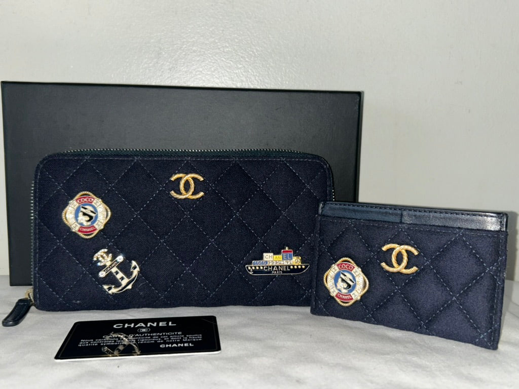 CHANEL 18A Nautical Charming Long Zip Wallet & Card Holder Set in Navy *RARE*