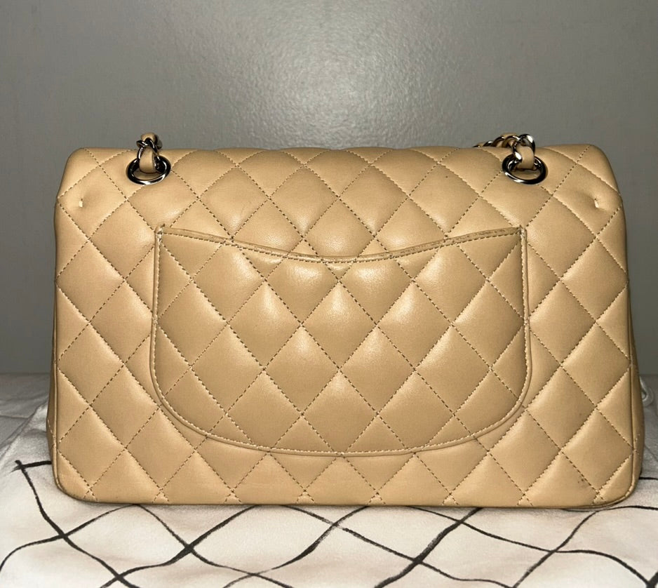 CHANEL Medium Classic Double Flap Quilted Lambskin Leather Handbag Beige Clair