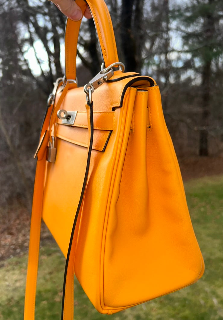 HERMES Special Order Kelly 28 (HSS) Jaune D'Or / Craie Swift Brushed Palladium