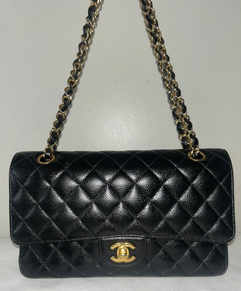 CHANEL Medium Classic Double Flap Caviar Quilted Handbag Black / Gold
