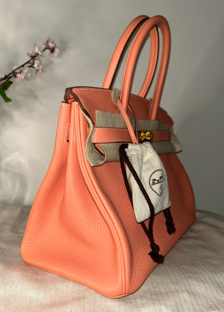 HERMÈS Birkin 30 Crevette Pink Clemence Leather Gold Hardware