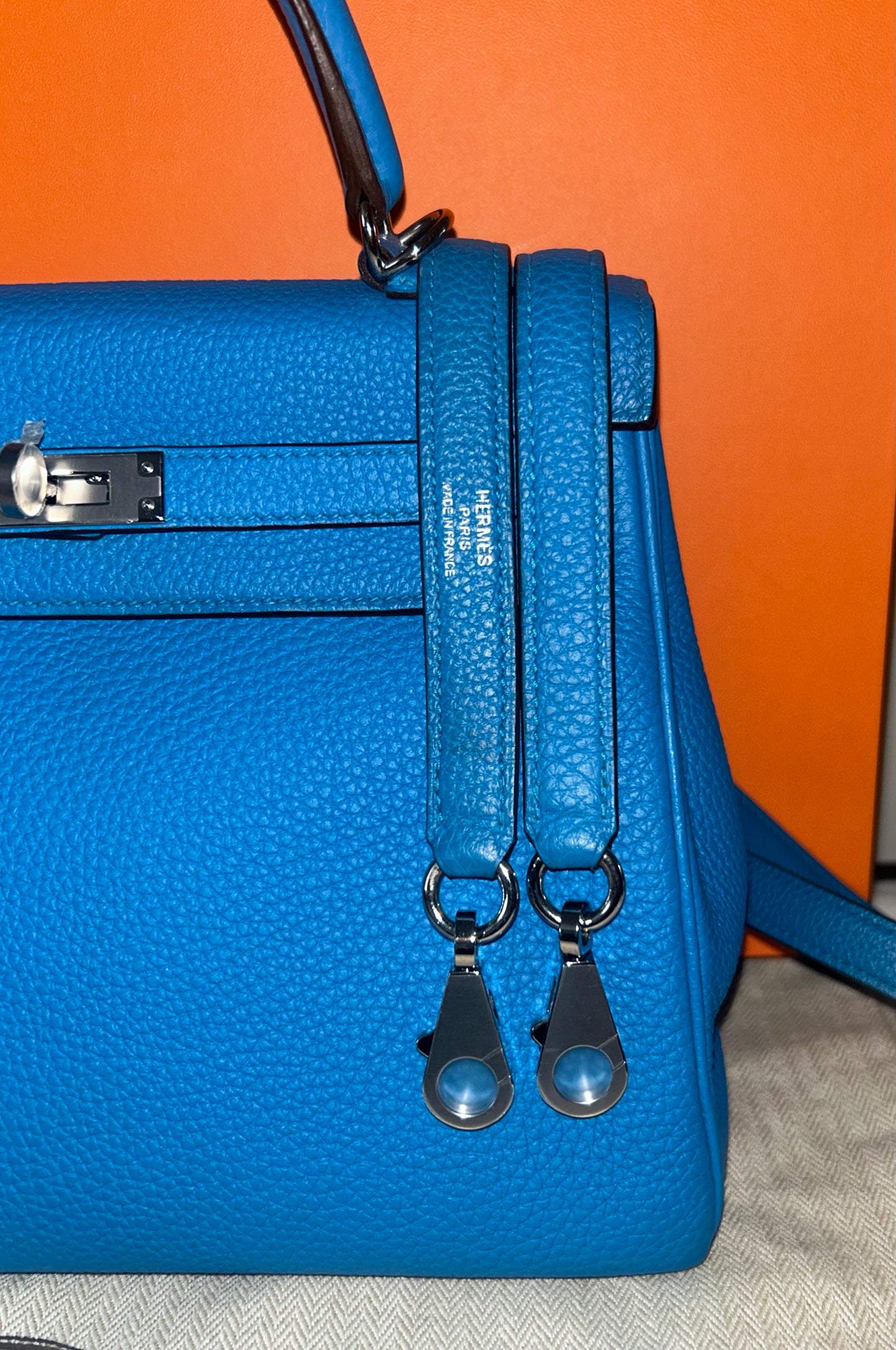 HERMÈS Kelly 25 Bleu Zanzibar Togo Leather Palladium Hardware